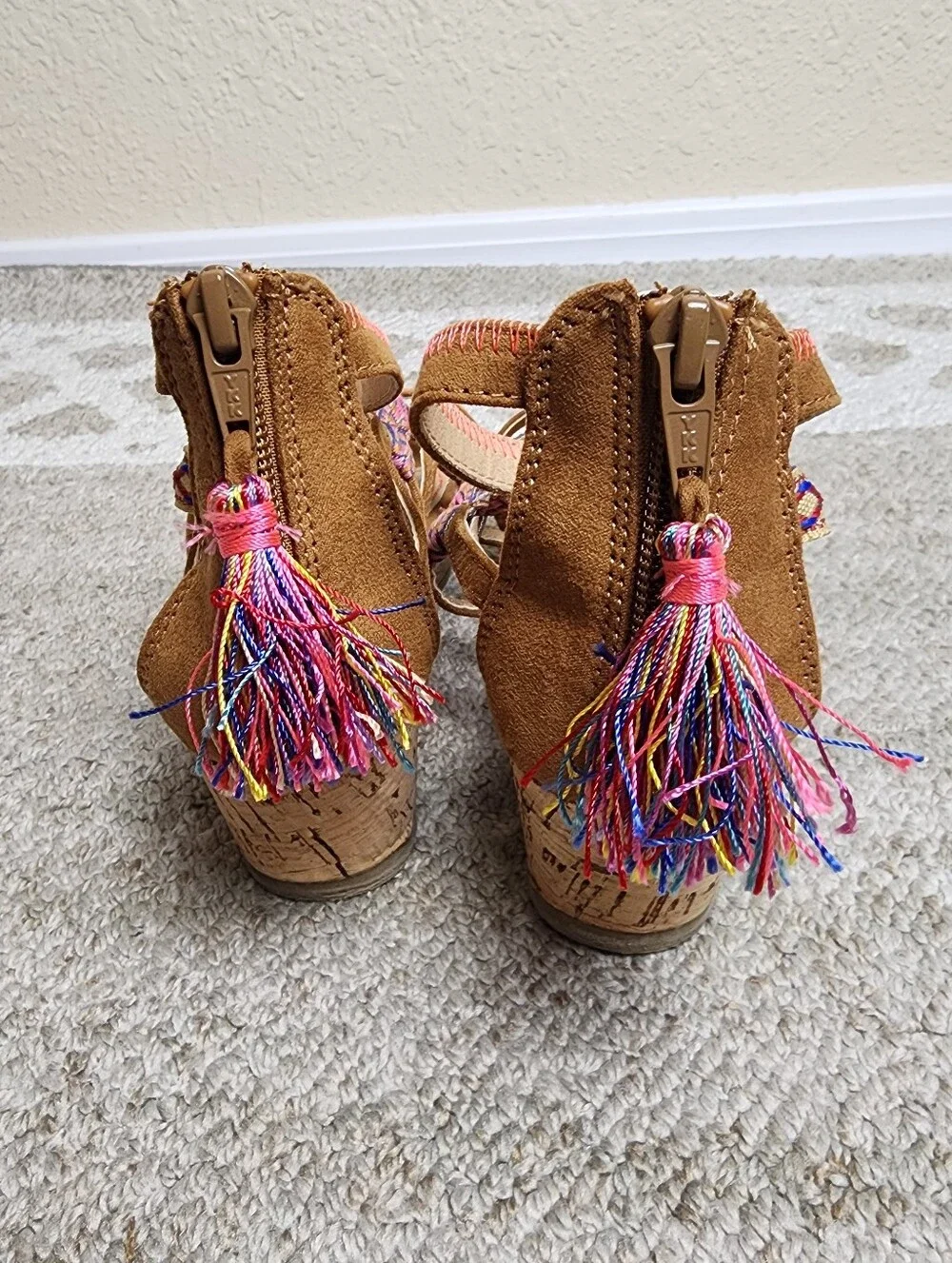 SO® Girls Boho Cork Wedge Sandals with Embroidered Straps & Tassels Size 2